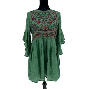 NEW Umgee Green Floral Embroidery Mini Dress  Boho Ruffle Bell Sleeve 3/4 Mini S